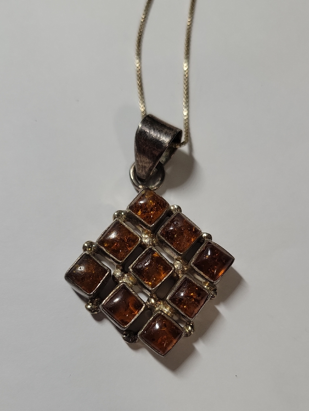 Sterling Silver Amber Tile Pendant Necklace - Brown